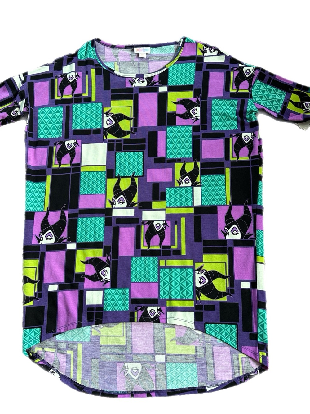 LuLaRoe Purple, Teal & Lime Geometric Disney Villain Print Short Sleeve Top